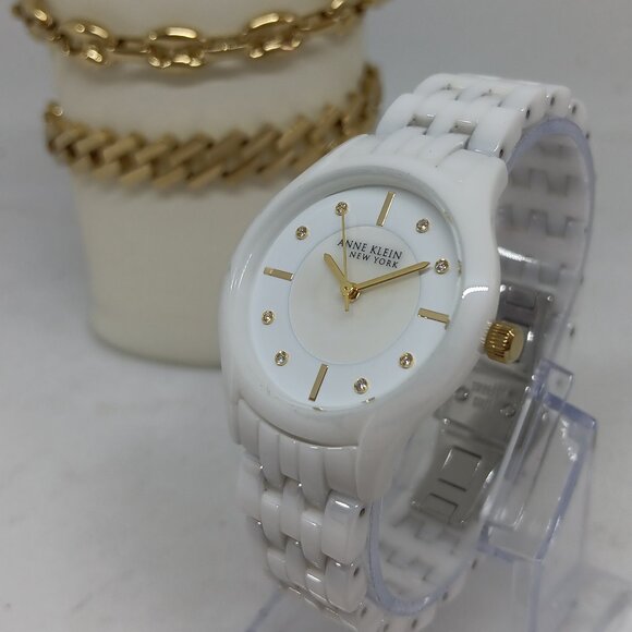 Anne Klein 12/7740WTST Women's 32mm Quartz Ceramic Watch + Bracelet Set PLS READ - Picture 1 of 10